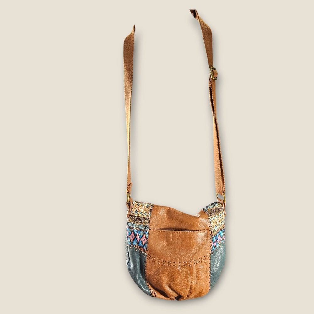 The Sak Leather Crossbody Bag Patchwork Brown Turquoise Sequin Boho Purse - Picture 2 of 14